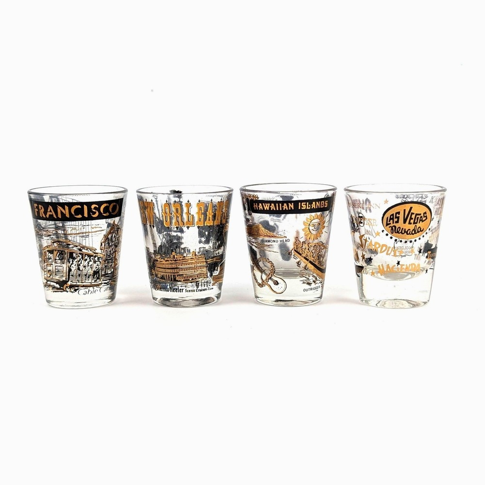 Vintage Souvenir Shot Glass Set San Francisco New Orleans Hawaii Las Vegas 4pc